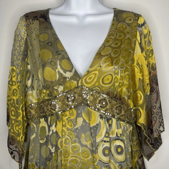 Vintage Y2K Anna Paul Silk Blouse Size M Green Gold Embroidery Sequins Maternity - Picture 2 of 8